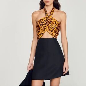 Sandro Leopard Print Halter Top with Black Skirt